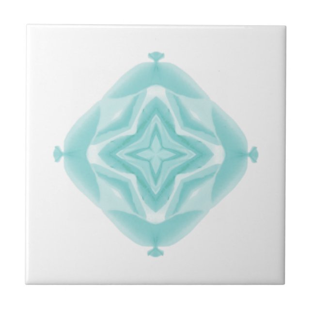 Teal green blue 4 point geometric design on white ceramic tile (Front)