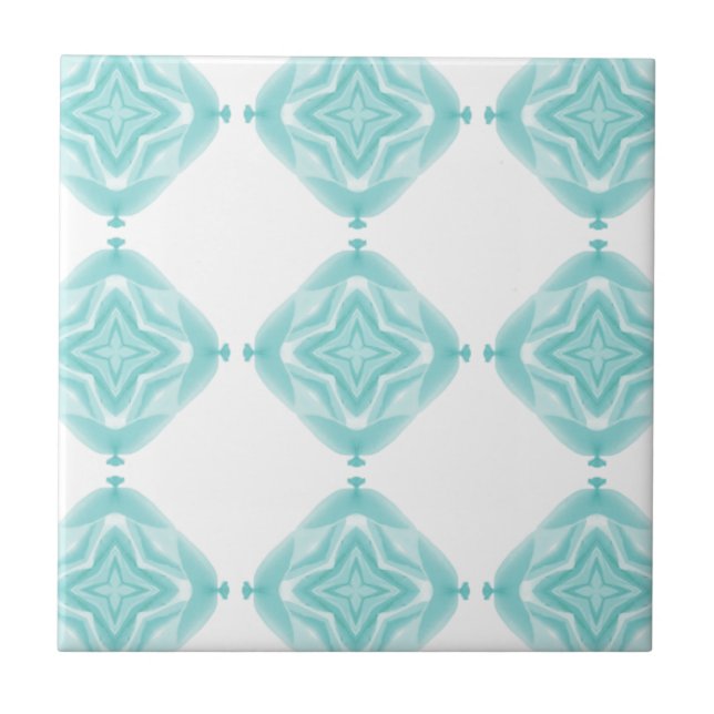 Teal green blue 4 point geometric design white  ceramic tile (Front)