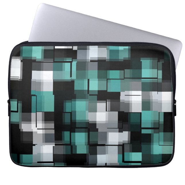 Teal Green Blue Black White Abstract Plaid Laptop Sleeve (Front)