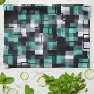 Teal Green Blue Black White Abstract Plaid Tea Towel