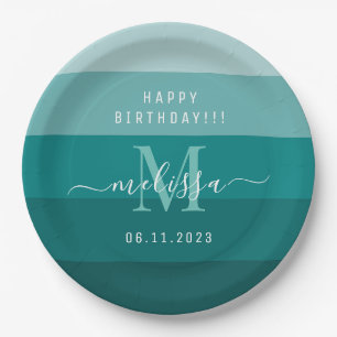 Teal Green Blue Color Block Monogram Name  Paper Plate