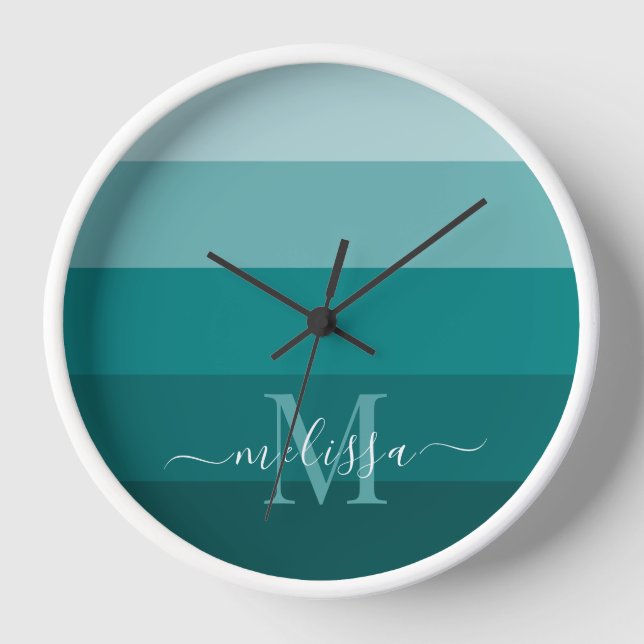 Teal Green Blue Colour block Monogram Style Name Clock (Front)