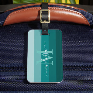Teal Green Blue Colour block Monogram Style Name Luggage Tag