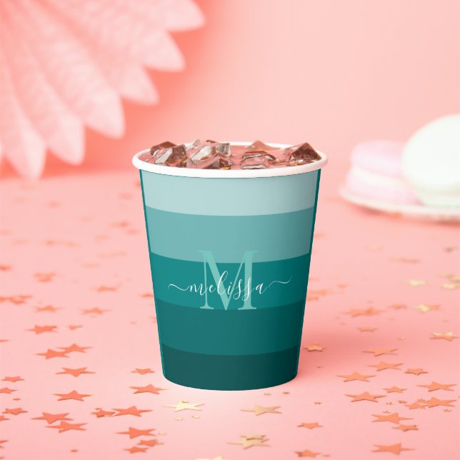 Teal Green Blue Colour block Monogram Style Name  Paper Cups (Insitu)