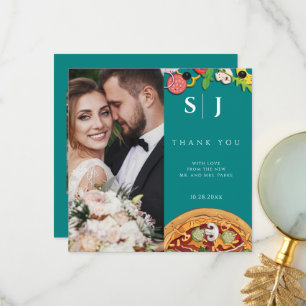 Teal Green Blue PIZZA Modern Minimal Wedding Thank You Card