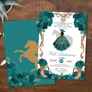 Teal Green Blue Roses Charro Vestidos Quinceañera Invitation