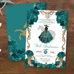 Teal Green Blue Roses Charro Vestidos Quinceanera Invitation