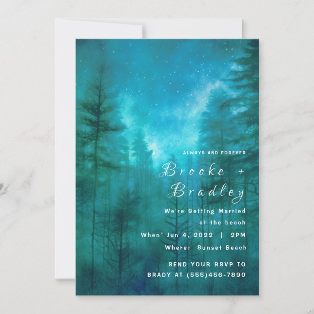 Teal Green & Blue Sky Forest Wedding Invitation (Front)