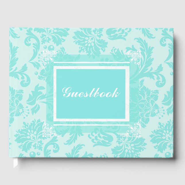 Teal green, blue vintage damask print guestbook (Front)