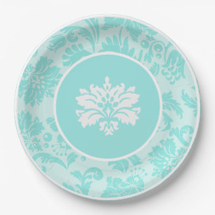 Teal green,blue vintage damask print paper plate