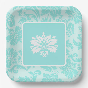 Teal green,blue vintage damask print paper plate