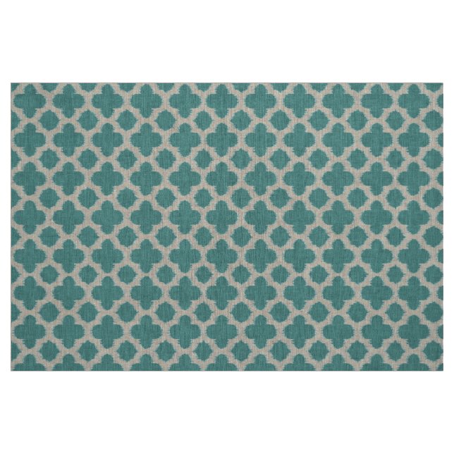 Teal Green Blue White Ikat Quatrefoil Pattern Fabric (Fat Quarter)