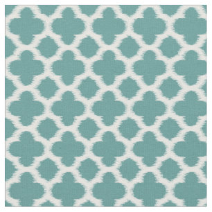 Teal Green Blue White Ikat Quatrefoil Pattern Fabric