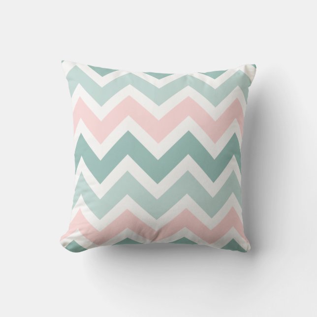 Teal Green Blush Pink Chevron Zigzag Pattern Cushion (Front)
