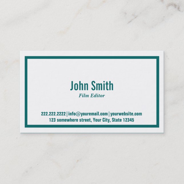 Teal Green Border Film Editor Business Card (Front)