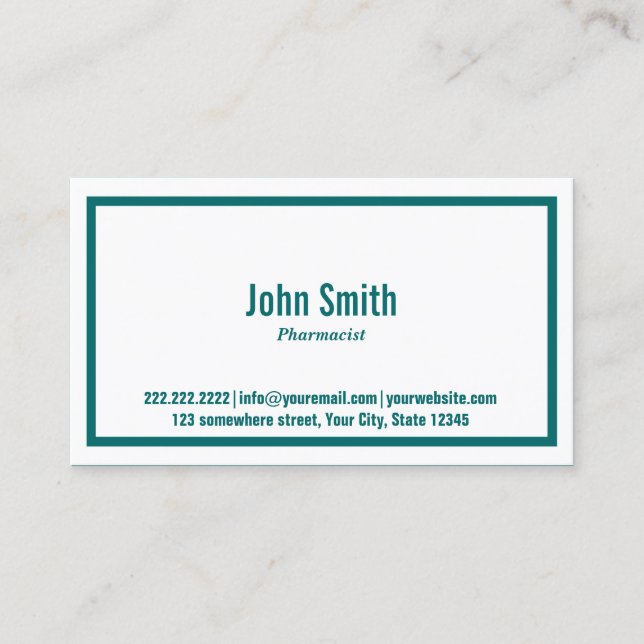 Teal Green Border Pharmacist Business Card (Front)