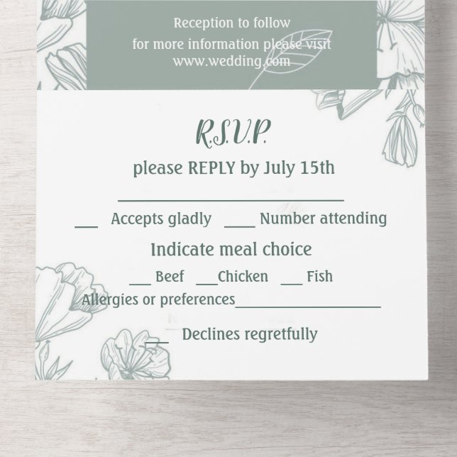 Teal Green Botanical Flowers Art Classic Simple  All In One Invitation (Inside Bottom)