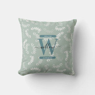 Teal Green Botanical Leaves Monogram  Cushion