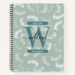 Teal Green Botanical Leaves Monogram Notebook