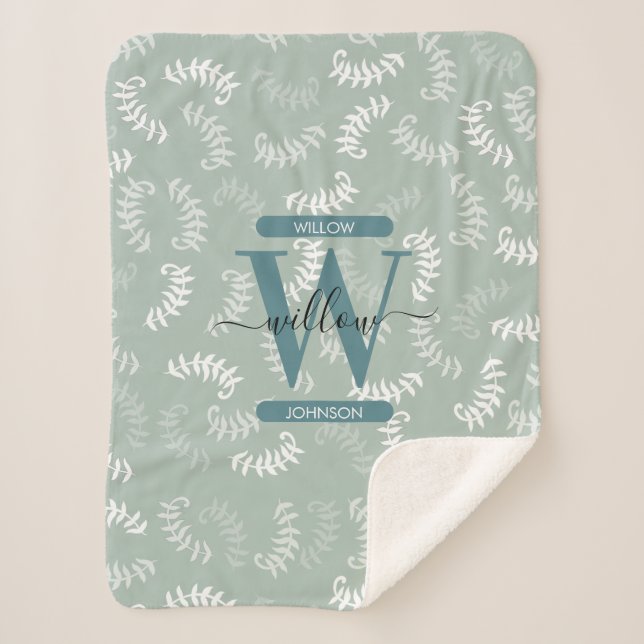 Teal Green Botanical Leaves Monogram  Sherpa Blanket (Front)