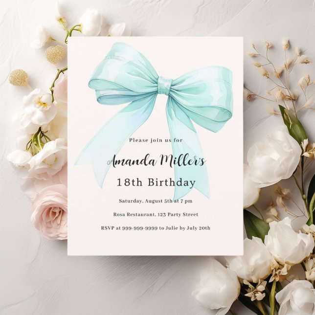 Teal green bow cream elegant birthday invitation (Creator Uploaded)