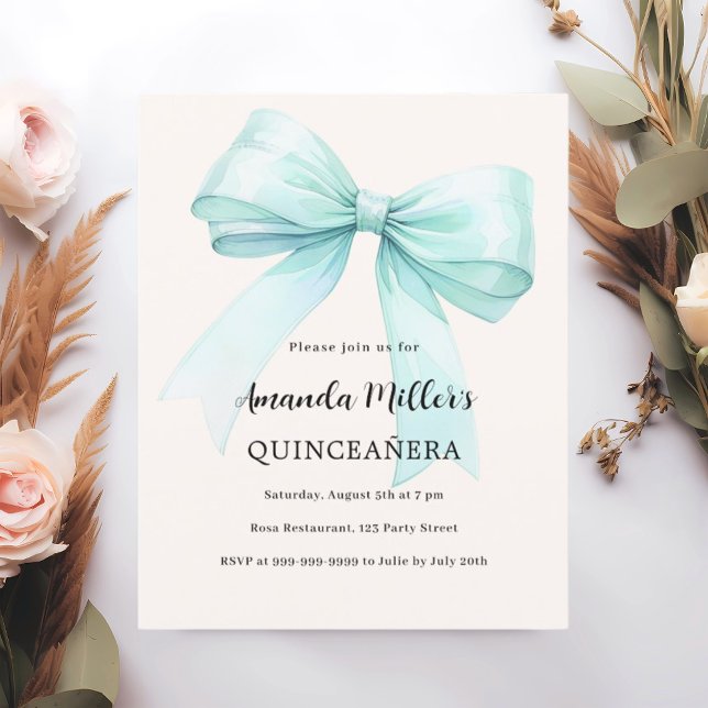 Teal green bow cream Quinceanera invitation (Creator Uploaded)