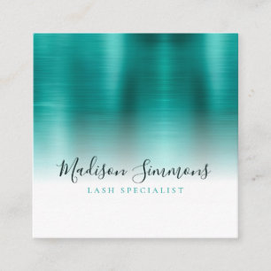 Teal Green Brushed Metal Monogram Elegant Script Square Business Card