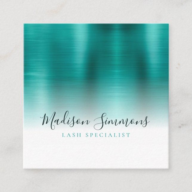 Teal Green Brushed Metal Monogram Elegant Script Square Business Card (Front)