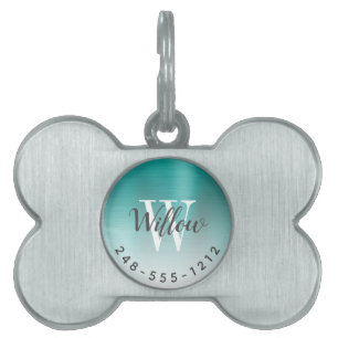 Teal Green Brushed Metal Monogram Ombre Dog Bone Pet ID Tag