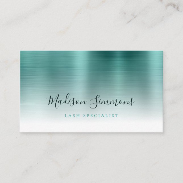 Teal Green Brushed Metal Monogram Stylish Script Business Card (Front)