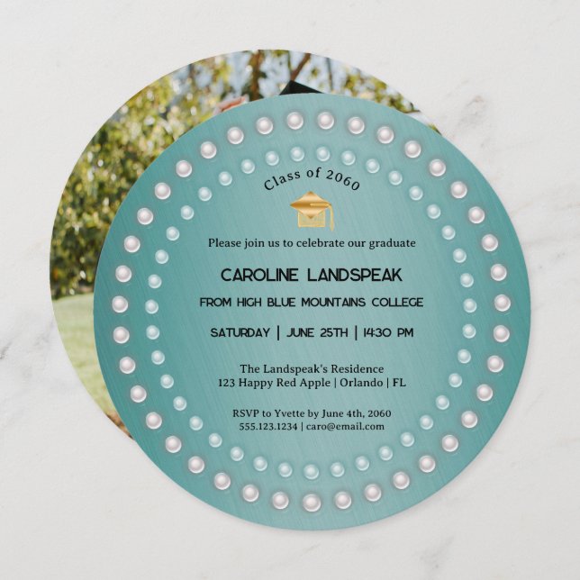 Teal Green Brushed Metal & Pearls Graduation Invitation (Front/Back)