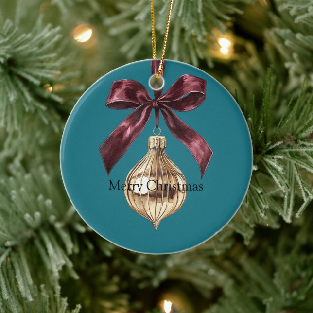 Teal Green Burgundy Bow Gold Ornament Christmas (Tree)