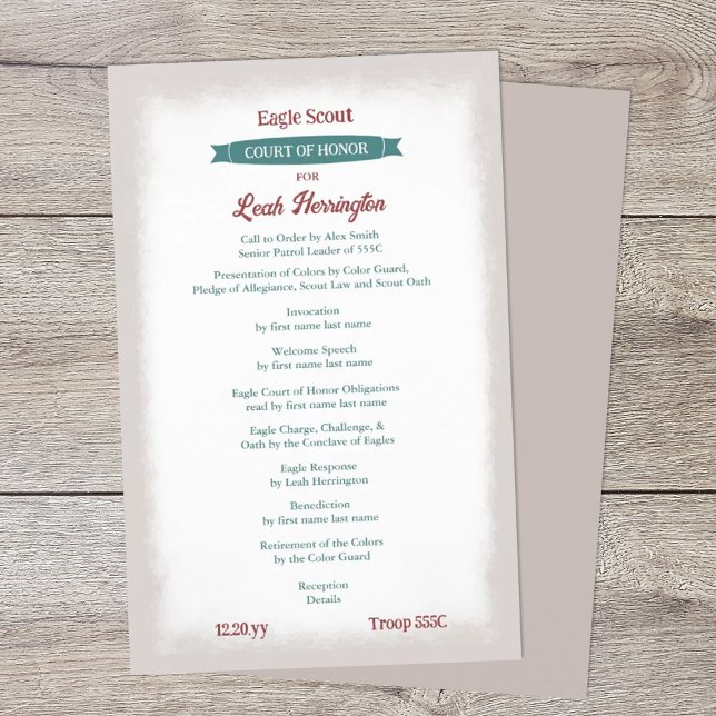 Teal Green & Burgundy Court of Honour Program Flyer (teal green and burgundy eagle scout court of honor ceremony program)