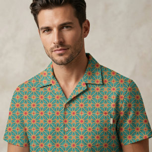 Teal Green Burnt Orange and Red Geometric Mosaic Fabric