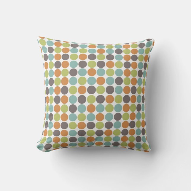 Teal Green Burnt Orange Taupe Brown Polka Dots Cushion (Front)