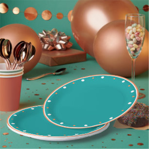 Teal Green Burnt Orange White Geometric Polka Dots Paper Plate