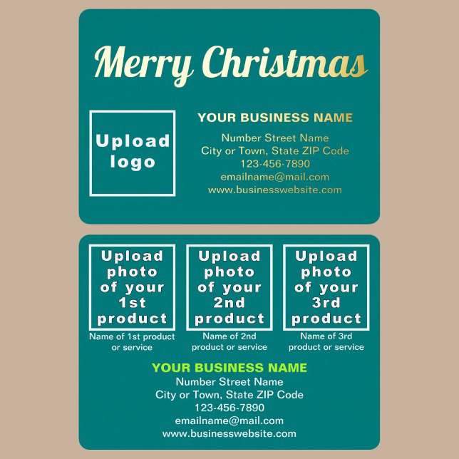 Teal Green Business Brand on Christmas Rectangle Foil Holiday Card (Teal green business brand with products or services on Christmas rectangle foil holiday card.)