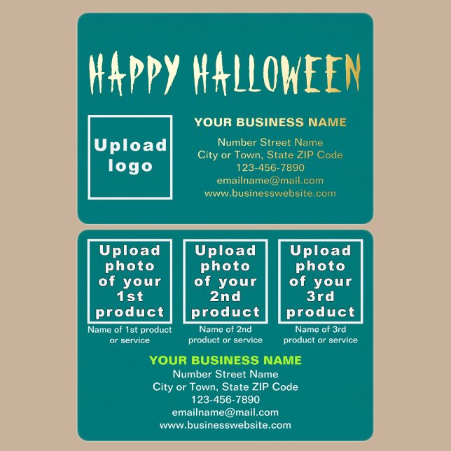 Teal Green Business Brand on Halloween Rectangle Foil Holiday Card (Teal green business brand with products or services on Halloween rectangle foil holiday card.)