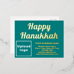 Teal Green Business Brand on Hanukkah Foil Holiday Postcard