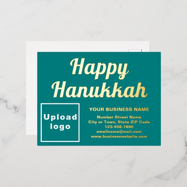 Teal Green Business Brand on Hanukkah Foil Holiday Postcard (Front/Back)