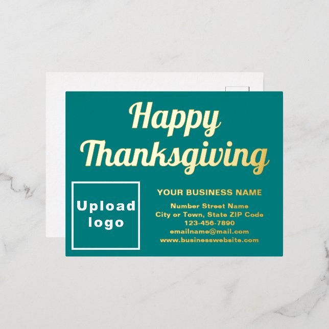 Teal Green Business Brand on Thanksgiving Foil Holiday Postcard (Front/Back)