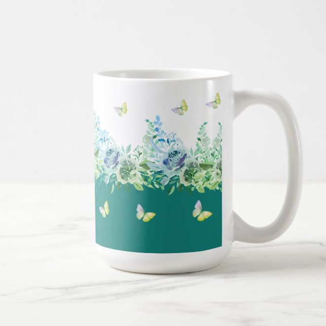 Teal Green Butterflies Floral Mug (Right)