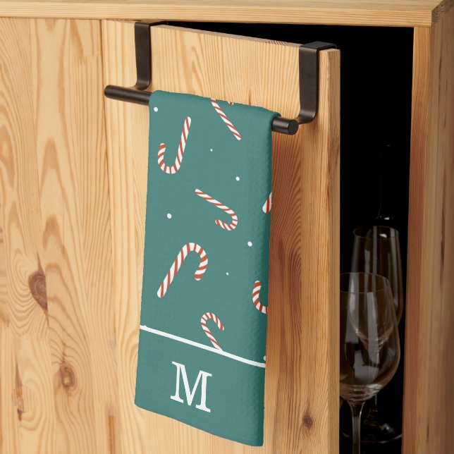 Teal Green Candy Cane Christmas Pattern Monogram Tea Towel (Thirds Fold)