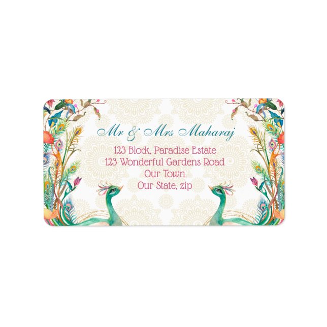 Teal green cerise floral peacock personalised label (Front)