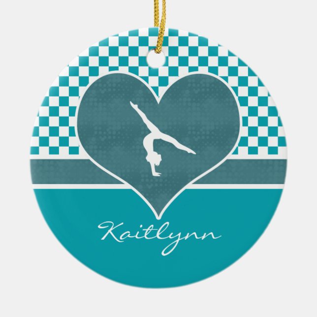 Teal Green Chequered Gymnastics with Monogram Ceramic Ornament (Front)