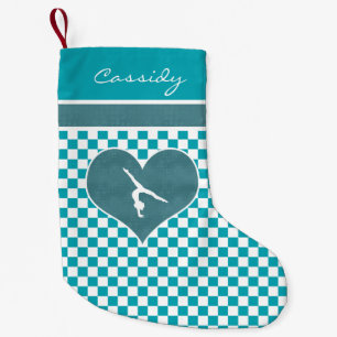 Teal Green Chequered Gymnastics with Monogram Small Christmas Stocking