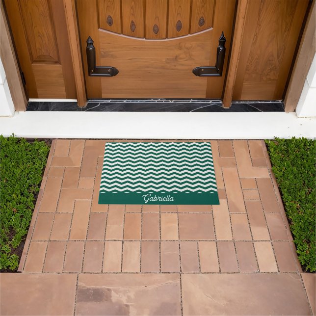 Teal Green Chevron zig zag stripe pattern Doormat (Outdoor)