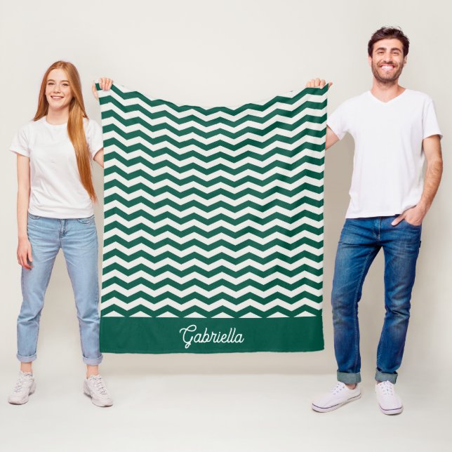Teal Green Chevron zig zag stripe pattern Fleece Blanket (In Situ)
