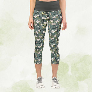 Teal Green Chinoiserie Tropical White Gold Floral Capri Leggings