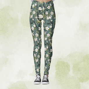 Teal Green Chinoiserie Tropical White Gold Floral Leggings